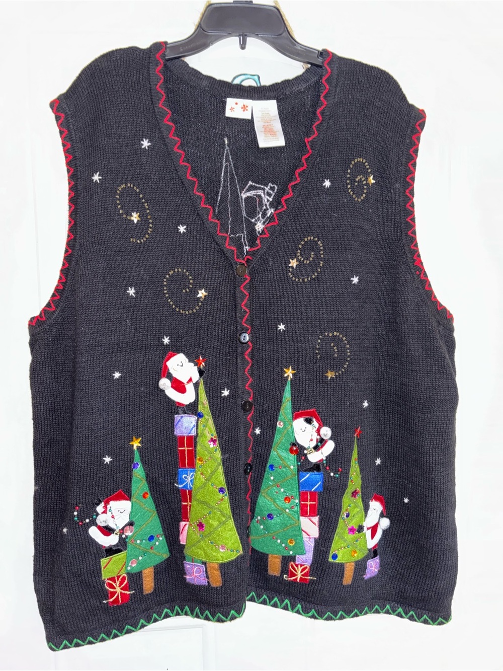 St. Nicholas Square Black Holiday Vest with Colorful Santa & Trees